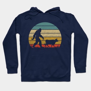 Bigfoot Walking With Cow Vintage Retro Sunset Funny Hiking Hoodie